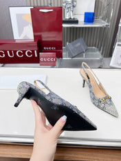 HORSEBIT SLINGBACKS IN DOVE GRAY MONOGRAM FABRIC WITH CRYSTALS