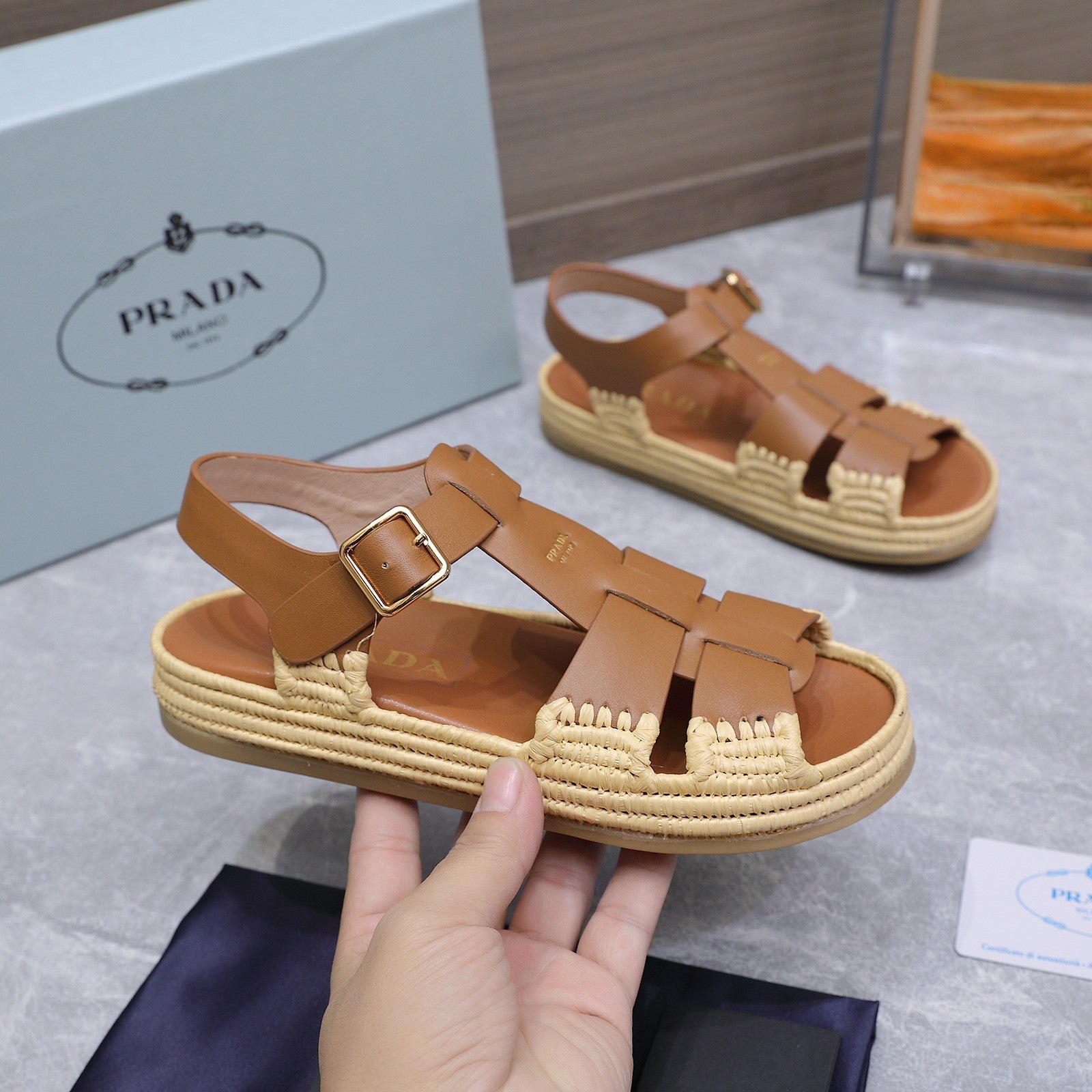 PRADA 26S SANDAL ESPADRILLES IN BROWN CALFSKIN