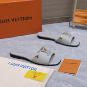 LV 26S FLAT SLIDE SANDALS IN LIGHT GREY CALFSKIN GOLD HARDWARE