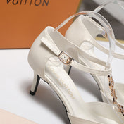 LV 26S ELEGANT T-STRAP HEELS 65MM IN CREAM WHITE CALFSKIN GOLD HARDWARE