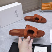 CELINE 26S TRIOMPHE SLIDES IN COGNAC BROWN SUEDE