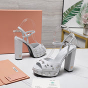 MIUMIU 26S PLATFORM ANKLE STRAP SANDALS 120MM IN LIGHT GREY CANVAS CRYSTAL-EMBELLISHED