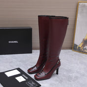CHANEL 26S KNEE HIGH BOOTS 80 MM IN BURGUNDY CALFSKIN WITH BLACK PATENT LEATHER TRIM AND CC LOGO ON TOE CAP