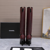 CHANEL 26S KNEE HIGH BOOTS 80 MM IN BURGUNDY CALFSKIN WITH BLACK PATENT LEATHER TRIM AND CC LOGO ON TOE CAP