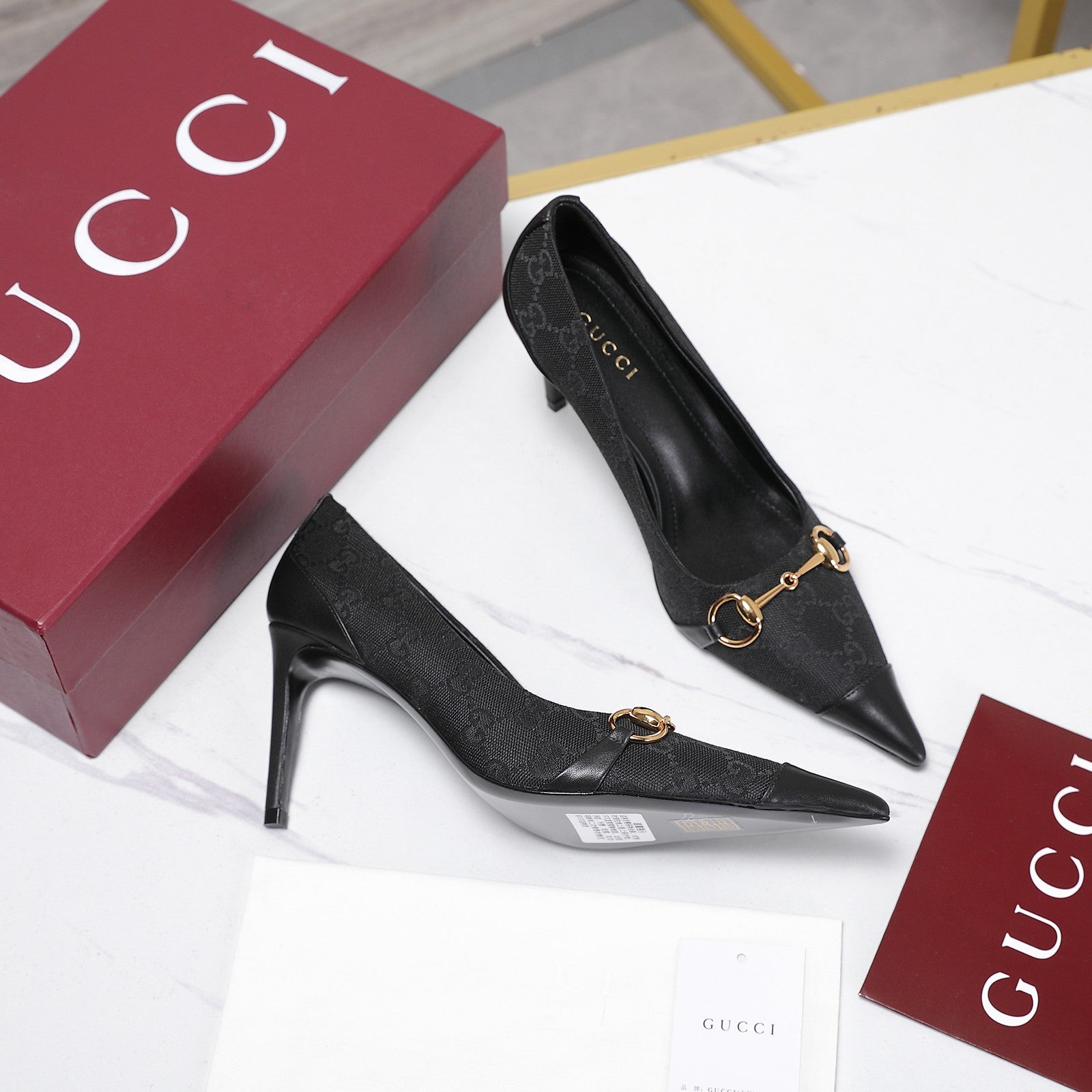 GUCCI 26S HORSEBIT PUMPS 85 MM IN BLACK CANVAS AND CALFSKIN