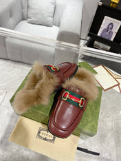 HORSEBIT MULE WITH WEB IN WINE RED CALFSKIN MIX MINK FUR