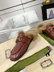 HORSEBIT MULE WITH WEB IN WINE RED CALFSKIN MIX MINK FUR