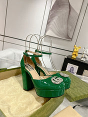 GG CRYSTALS PLATFORM PUMPS JADE GREEN CALFSKIN