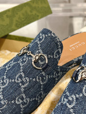 MEN'S MULE WITH HORSEBIT IN DENIM BLUE MONOGRAM JACQUARD FABRIC