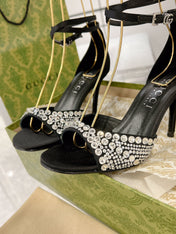 GG CRYSTAL BLACK HIGH HEEL SANDALS SATIN