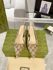 GG MID-HEELED SLINGBACK 4.5 CM IN TAN BEIGE CANVAS