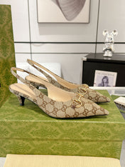 GG MID-HEELED SLINGBACK 4.5 CM IN TAN BEIGE CANVAS
