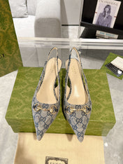 GG MID-HEELED SLINGBACK 4.5 CM IN PALE GRAY CANVAS
