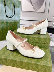 HORSEBIT MARY JANE HEEL IN WHITE CALFSKIN GOLD HARDWARE