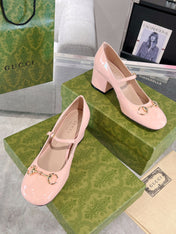 HORSEBIT MARY JANE HEEL IN LIGHT PINK CALFSKIN GOLD HARDWARE
