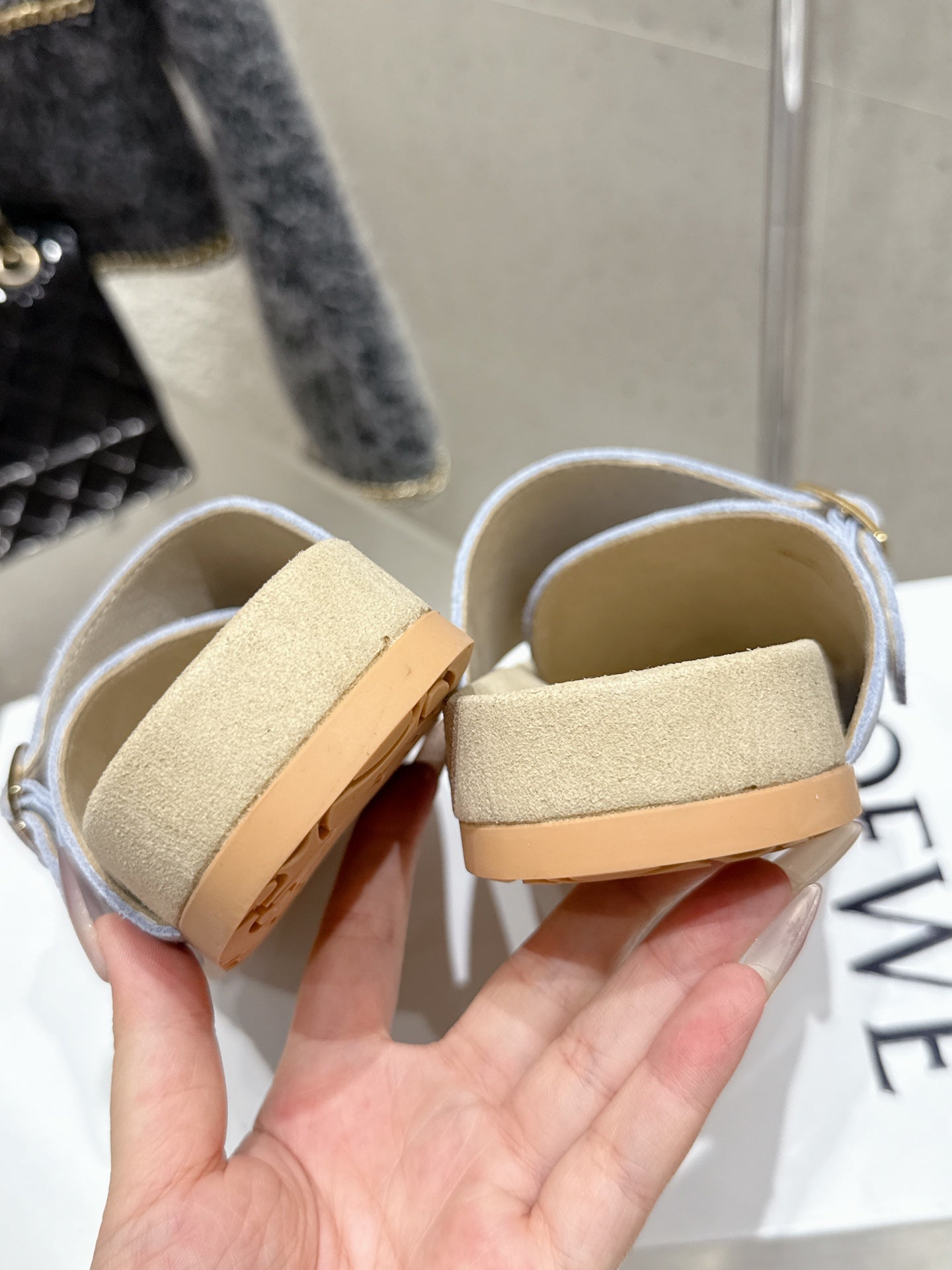LOEWE 26S EASE SLIDE IN PASTEL BLUE SUEDE