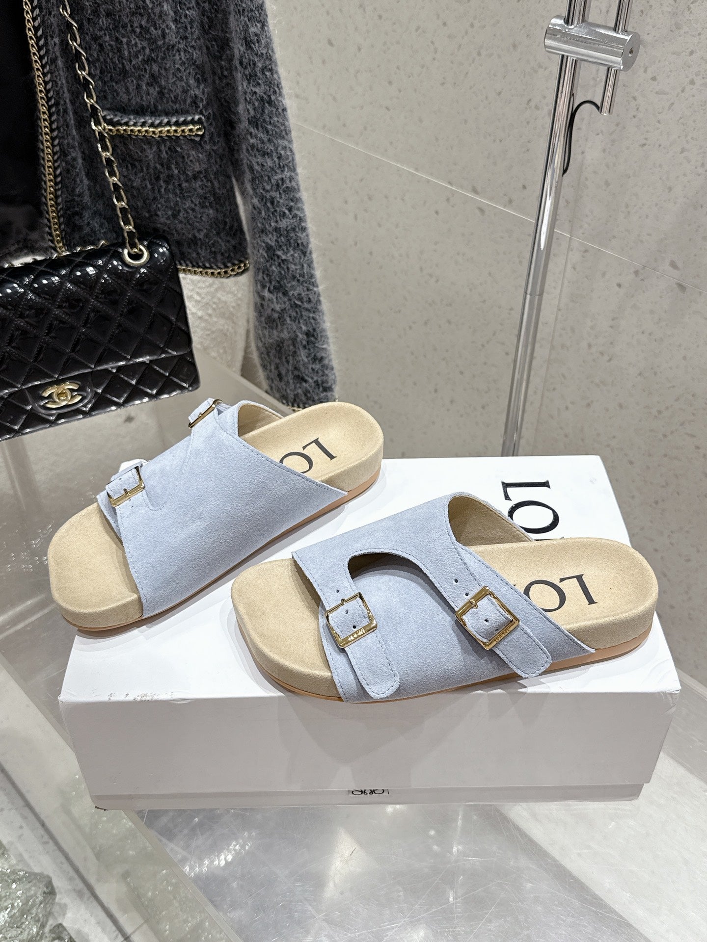 LOEWE 26S EASE SLIDE IN PASTEL BLUE SUEDE