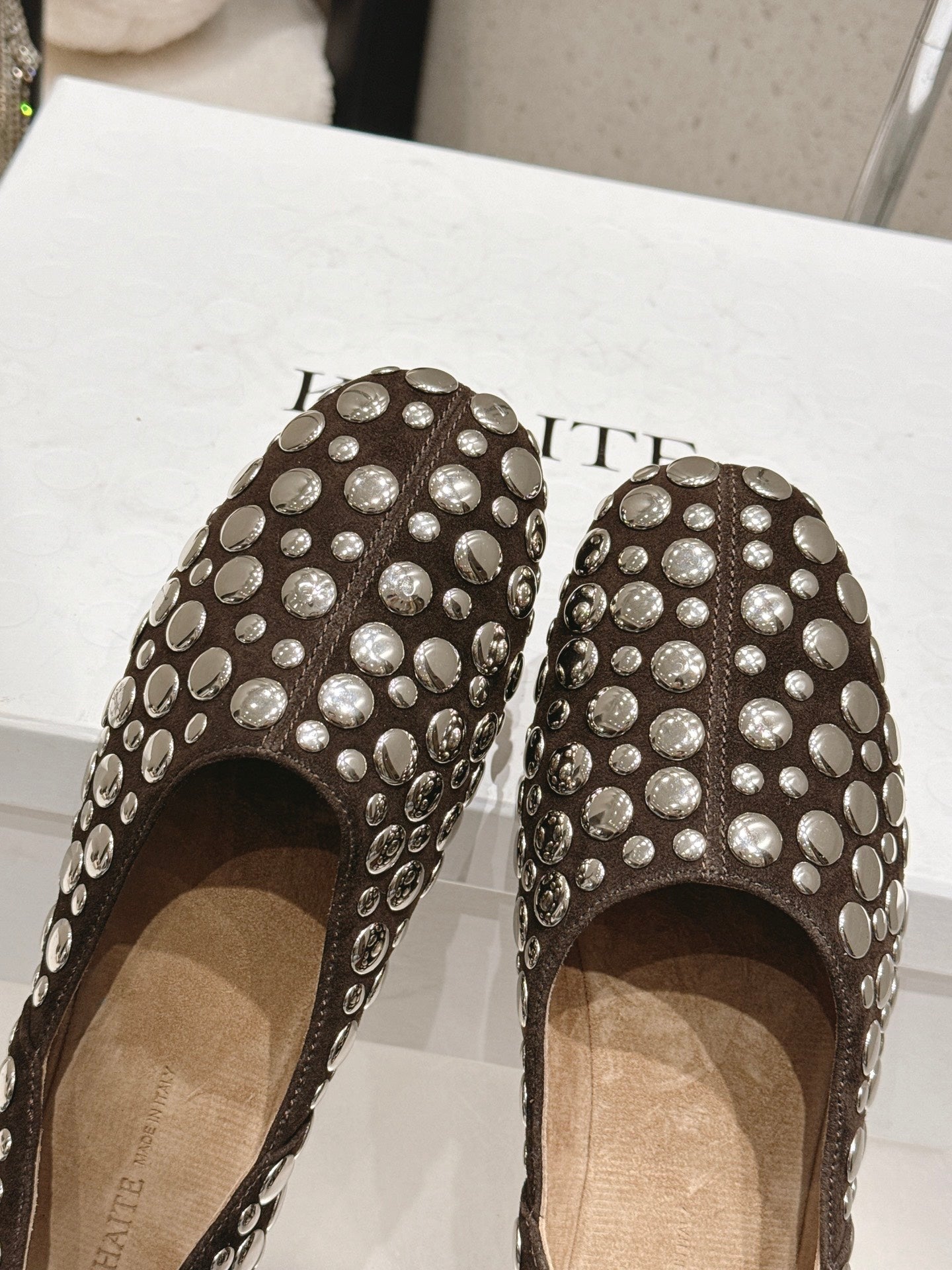 CELINE 26S FLAT SHOES IN DARK BROWN SUEDE WITH METAL STUDS