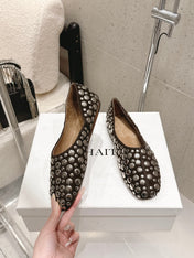 CELINE 26S FLAT SHOES IN DARK BROWN SUEDE WITH METAL STUDS