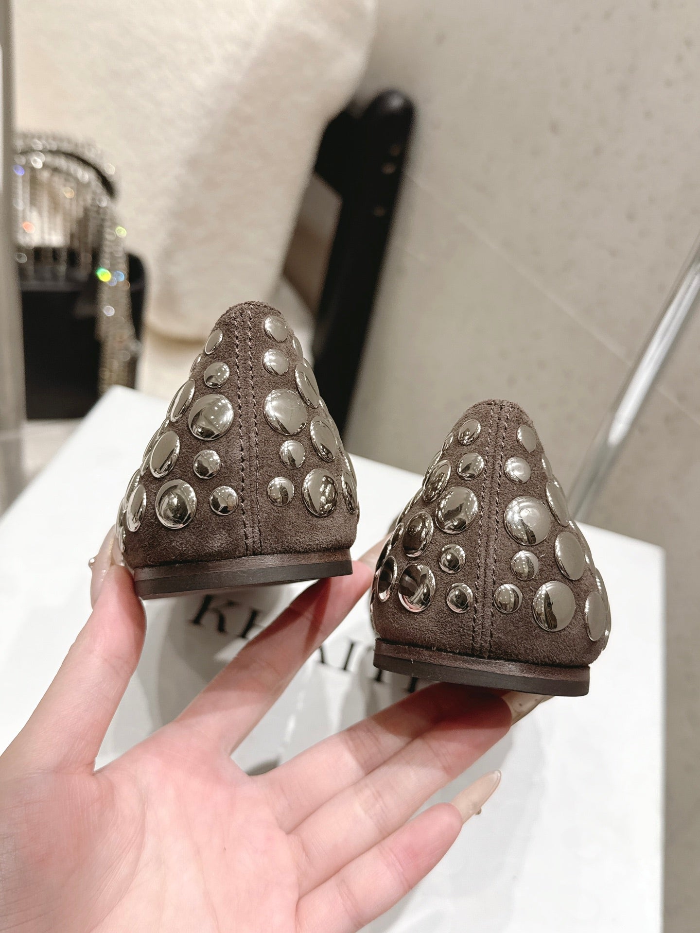 CELINE 26S FLAT SHOES IN TOFFEE BROWN SUEDE WITH METAL STUDS