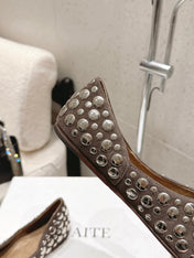 CELINE 26S FLAT SHOES IN TOFFEE BROWN SUEDE WITH METAL STUDS