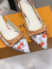 LV 26S SLINGBACK PUMPS IN WHITE MONOGRAM CANVAS WITH CHERRY PRINT AND CALFSKIN BOW