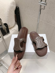 CELINE 26S TRIOMPHE SLIDES IN DARK BROWN CALFSKIN