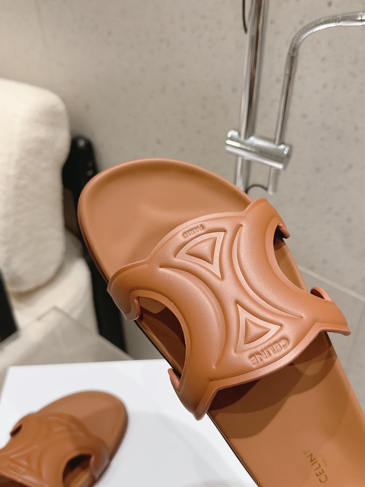 CELINE 26S TRIOMPHE SLIDES IN BROWN CALFSKIN