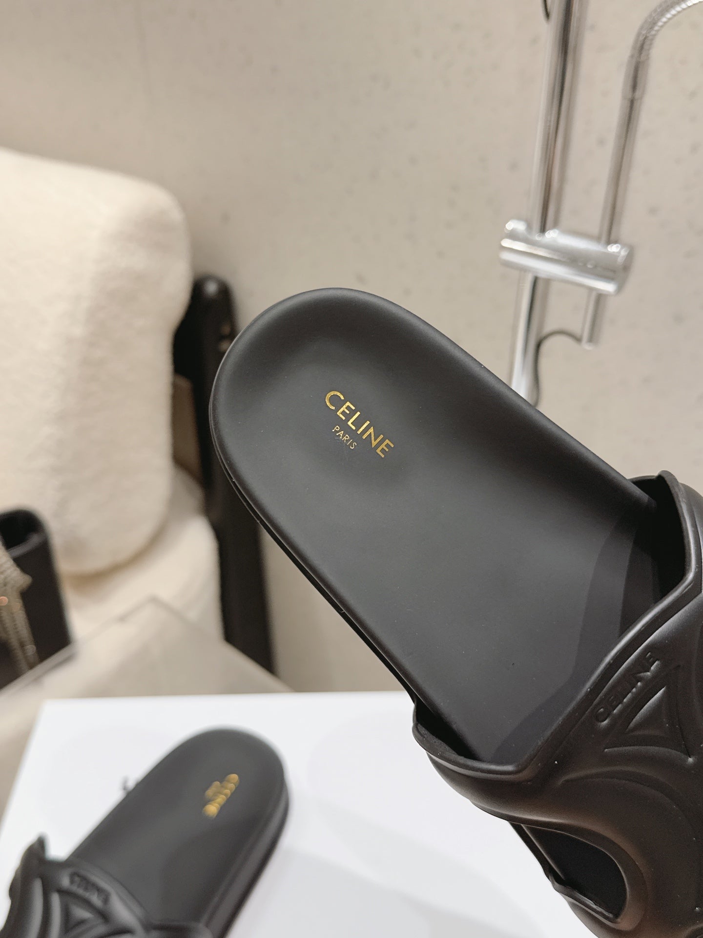 CELINE 26S TRIOMPHE SLIDES IN BLACK CALFSKIN