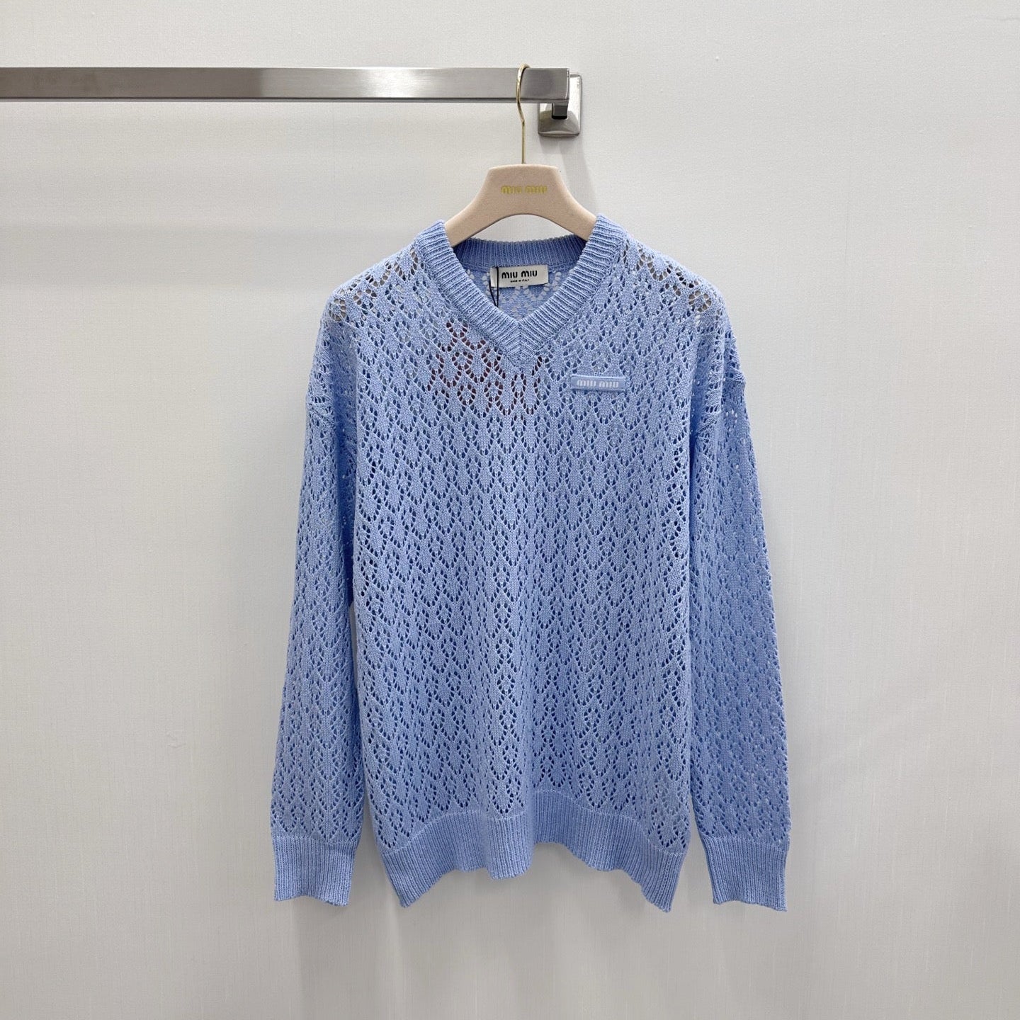 MIUMIU 26S V-NECK OPENWORK KNIT SWEATER 1299