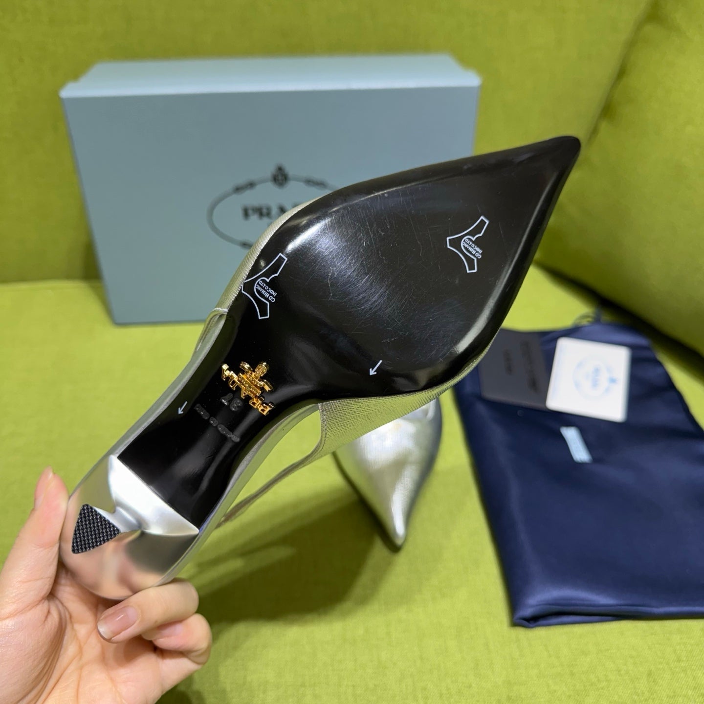 PRADA 25S SLINGBACK HIGH HEELS 75 MM IN SILVER SHEEPSKIN