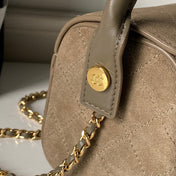 CHANEL 26S BARREL CLUTCH WITH CHAIN 23 IN DARK KHAKI BROWN SUEDE AND CALFSKIN GOLD HARDWARE