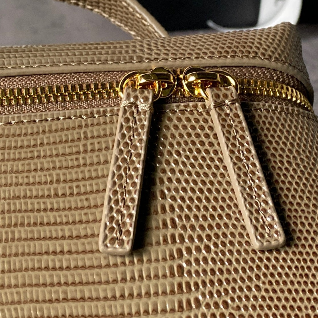 CHANEL 26S VANITY CASE 19 IN KHAKI BROWN LIZARD-EMBOSSED LEATHER