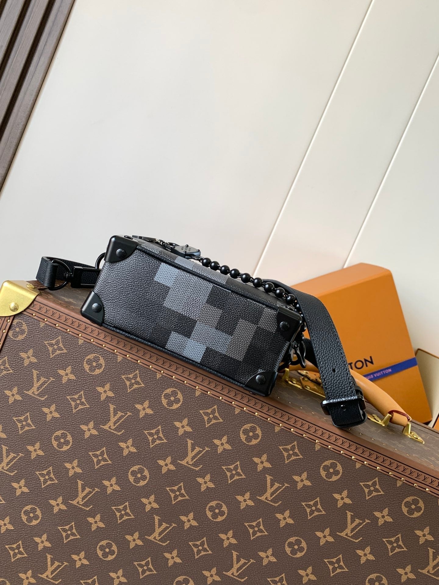 LV 25S MINI SOFT TRUNK BOX BAG 18 IN DAMOFLAGE BLACK CANVAS AND CALFSKIN