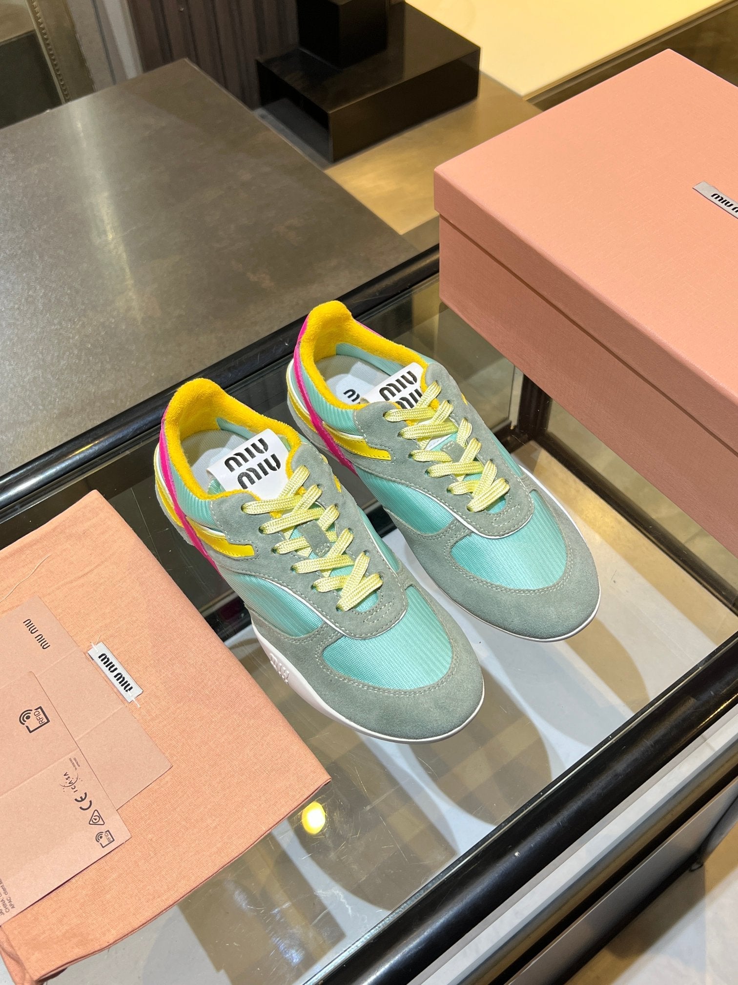 MIUMIU 26S SNEAKERS IN MULTICOLOR FABRIC AND SUEDE