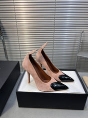 ALAIA HIGH PUMPS 10CM IN ALMOND BEIGE SUEDE MIX BLACK CALFSKIN