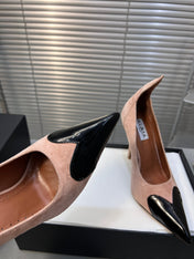 ALAIA HIGH PUMPS 10CM IN ALMOND BEIGE SUEDE MIX BLACK CALFSKIN