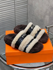 HM 25S SANDAL IN BEIGE WOOL AND BLACK LAMBSKIN WITH SILVER HARDWARE