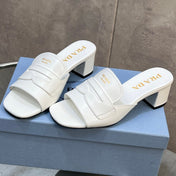 PRADA 26S BLOCK HEEL SLIDE SANDALS 60MM IN WHITE CALFSKIN WITH LOGO