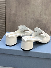 PRADA 26S BLOCK HEEL SLIDE SANDALS 60MM IN WHITE CALFSKIN WITH LOGO
