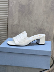 PRADA 26S BLOCK HEEL SLIDE SANDALS 60MM IN WHITE CALFSKIN WITH LOGO
