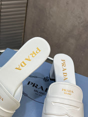 PRADA 26S BLOCK HEEL SLIDE SANDALS 60MM IN WHITE CALFSKIN WITH LOGO