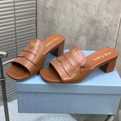 PRADA 26S BLOCK HEEL SLIDE SANDALS 60MM IN CARAMEL BROWN CALFSKIN WITH LOGO