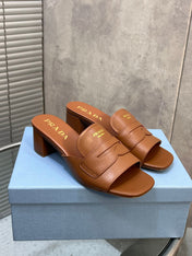 PRADA 26S BLOCK HEEL SLIDE SANDALS 60MM IN CARAMEL BROWN CALFSKIN WITH LOGO