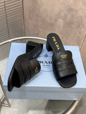 PRADA 26S BLOCK HEEL SLIDE SANDALS 60MM IN BLACK CALFSKIN WITH LOGO