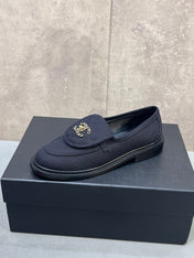 CHANEL 26S LOAFERS IN BLACK CANVAS WITH QUILTED FLAP & CHAIN CC LOGO