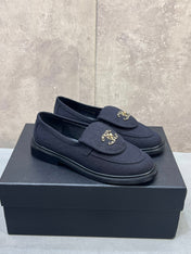 CHANEL 26S LOAFERS IN BLACK CANVAS WITH QUILTED FLAP & CHAIN CC LOGO