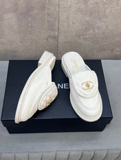 CHANEL 26S MULE LOAFERS IN WHITE CANVAS WITH QUILTED FLAP & CC LOGO