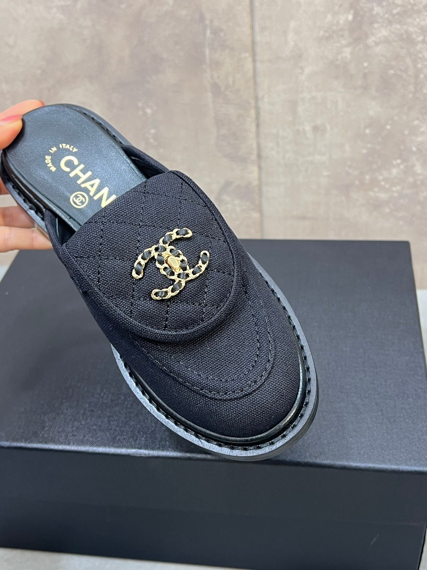 CHANEL 26S MULE LOAFERS IN BLACK CANVAS WITH QUILTED FLAP & CHAIN CC LOGO