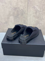CHANEL 26S MULE LOAFERS IN BLACK CANVAS WITH QUILTED FLAP & CHAIN CC LOGO